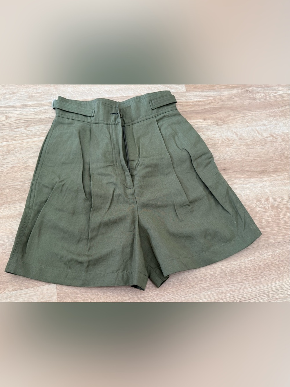 COS Linen Olive Green High-Waist Pleated Shorts